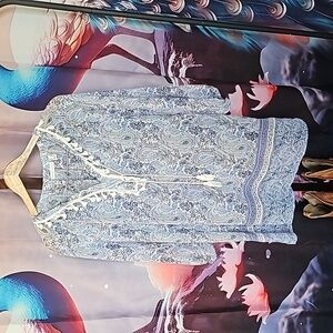 Blue, pink and cream, and white paisley, long sleeve blouse